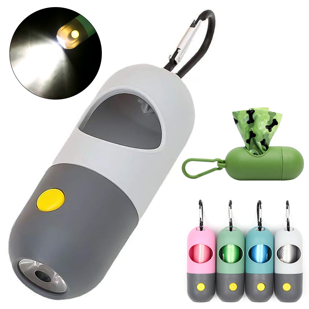 LED Dog Waste Bag Dispenser - Leash Clip Holder with Built-In Light