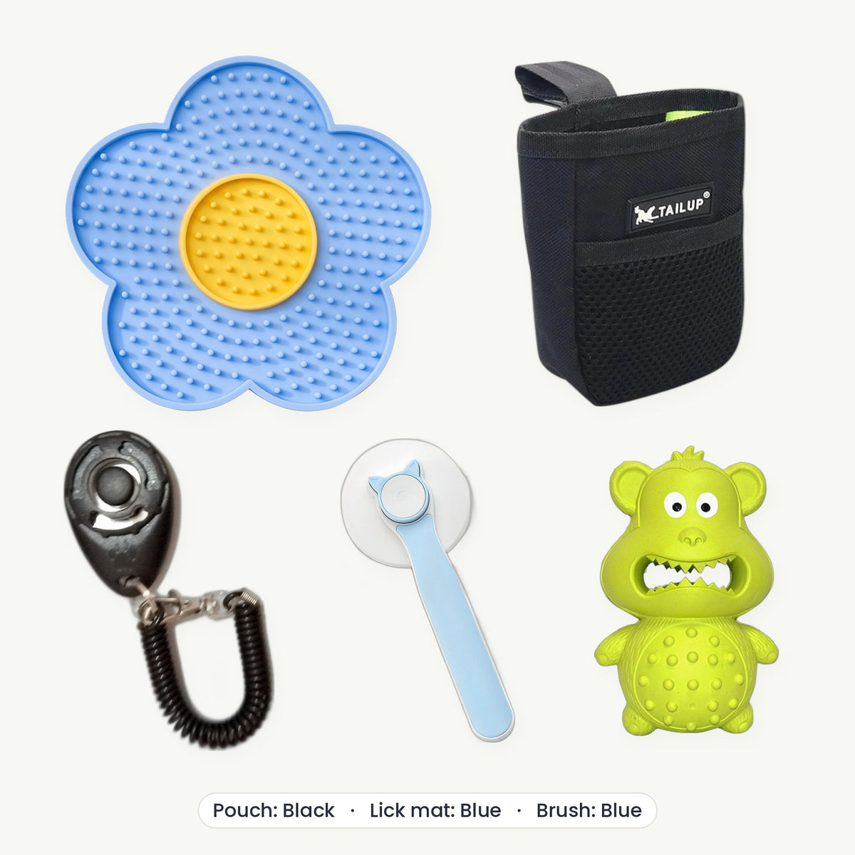 New Puppy Kit – Treat pouch Black, Lick mat Blue, Brush Blue