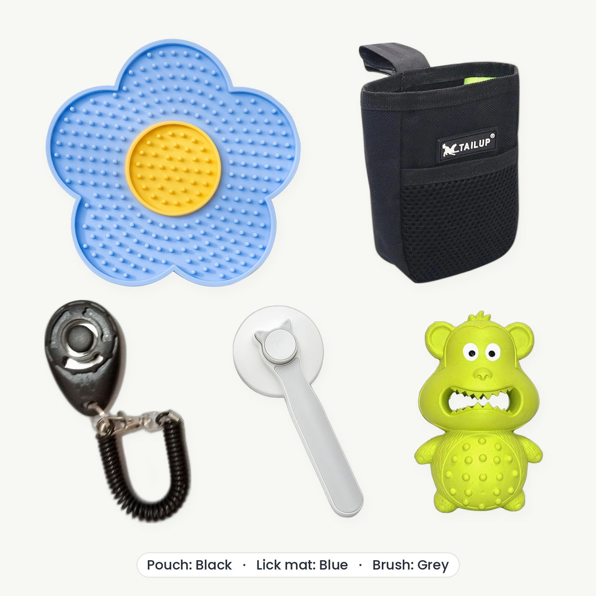 New Puppy Kit – Treat pouch Black, Lick mat Blue, Brush Grey