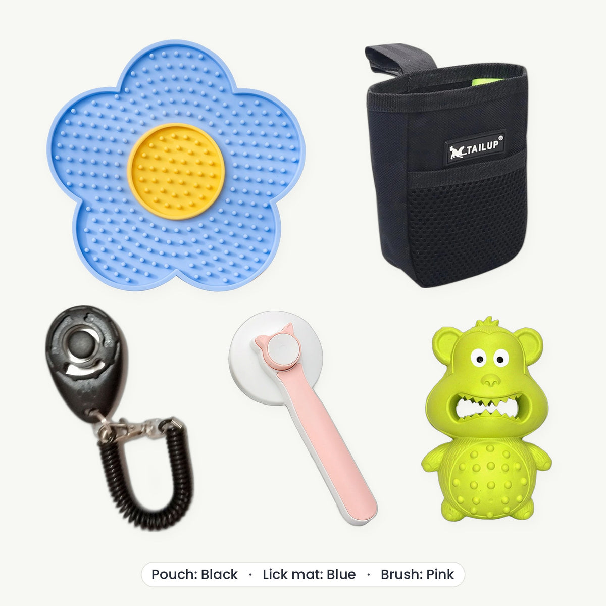 New Puppy Kit – Treat pouch Black, Lick mat Blue, Brush Pink