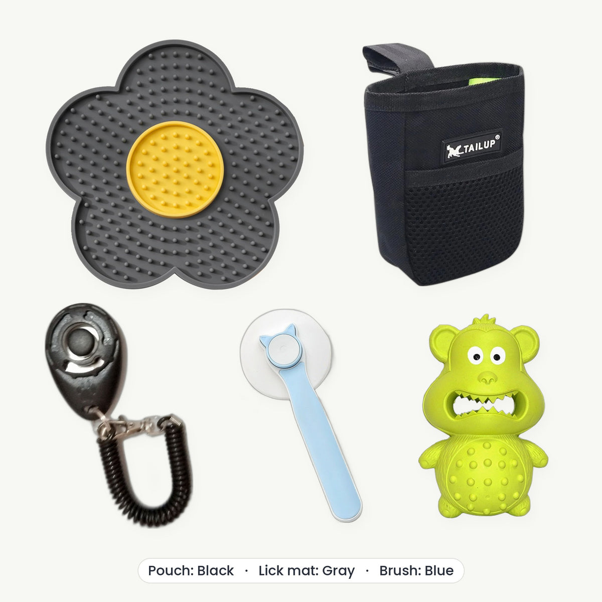 New Puppy Kit – Treat pouch Black, Lick mat Gray, Brush Blue