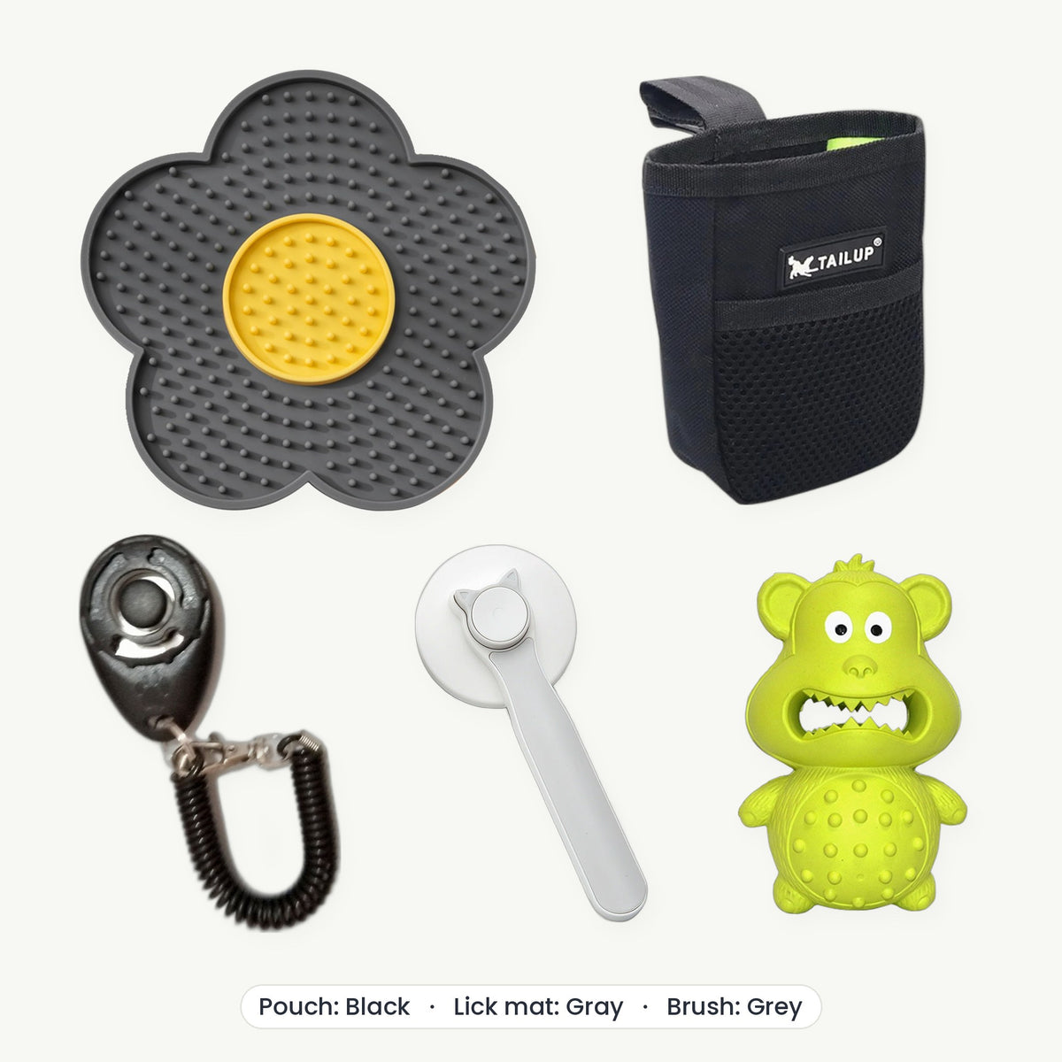 New Puppy Kit – Treat pouch Black, Lick mat Gray, Brush Grey