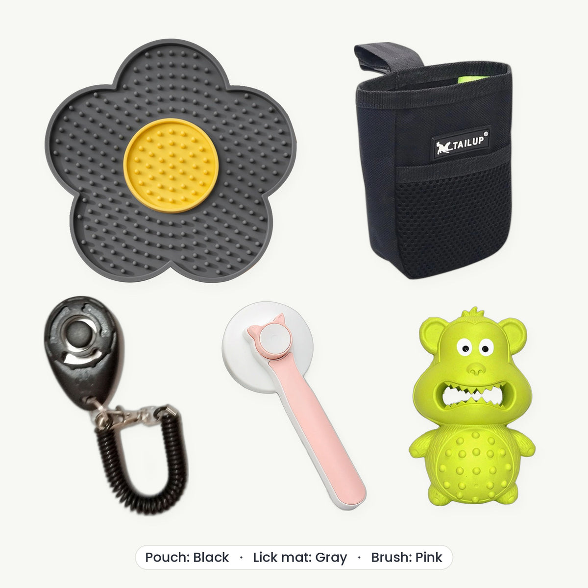 New Puppy Kit – Treat pouch Black, Lick mat Gray, Brush Pink