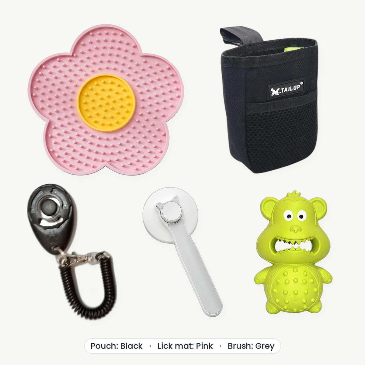 New Puppy Kit – Treat pouch Black, Lick mat Pink, Brush Grey
