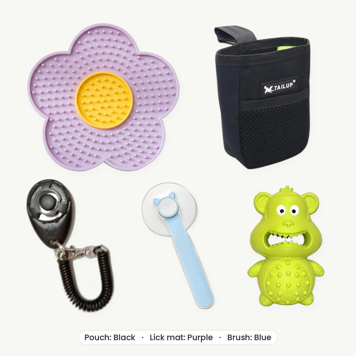 New Puppy Kit – Treat pouch Black, Lick mat Purple, Brush Blue