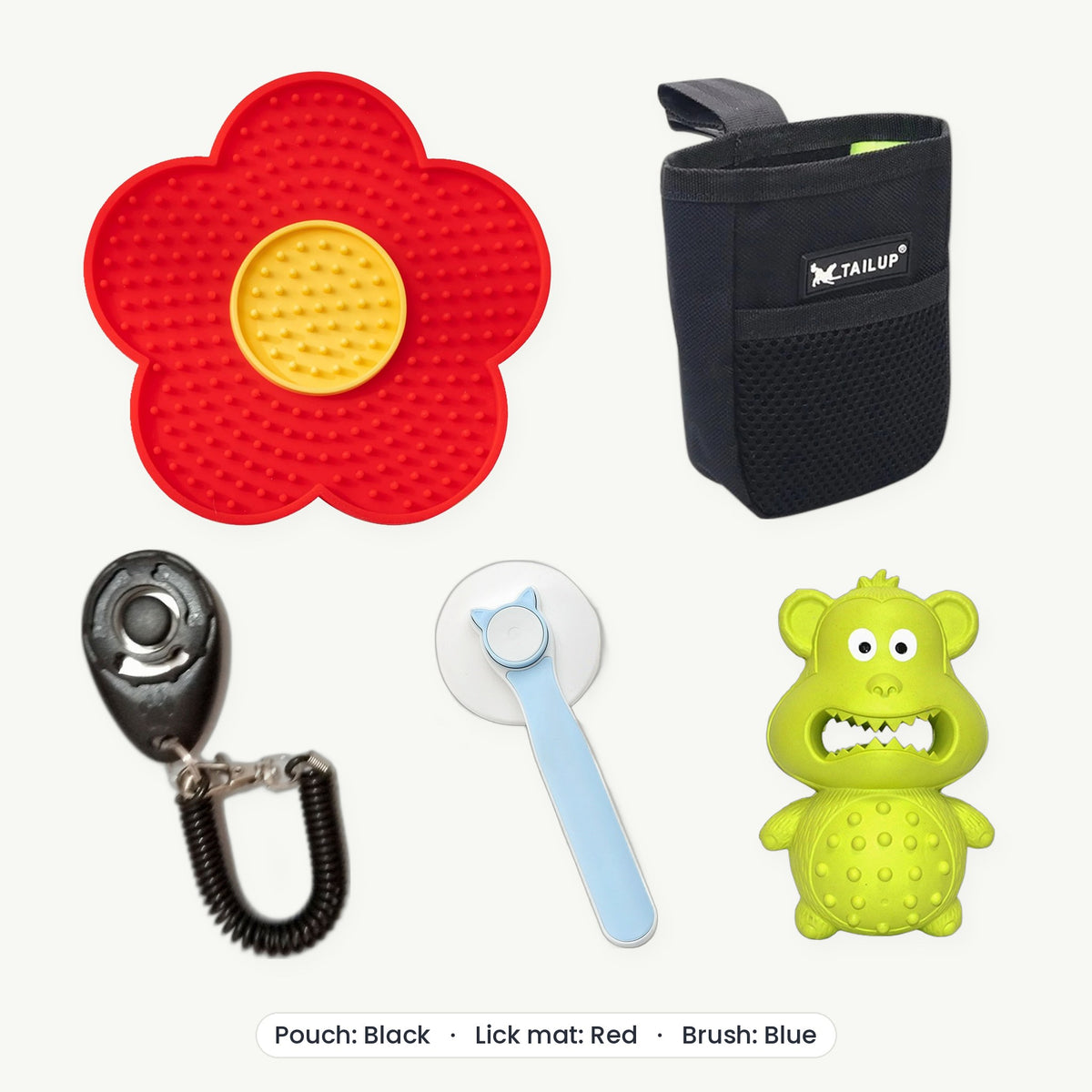 New Puppy Kit – Treat pouch Black, Lick mat Red, Brush Blue