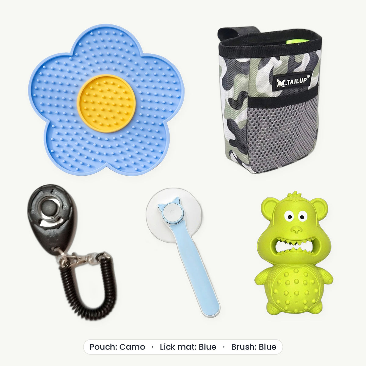 New Puppy Kit – Treat pouch Camo, Lick mat Blue, Brush Blue