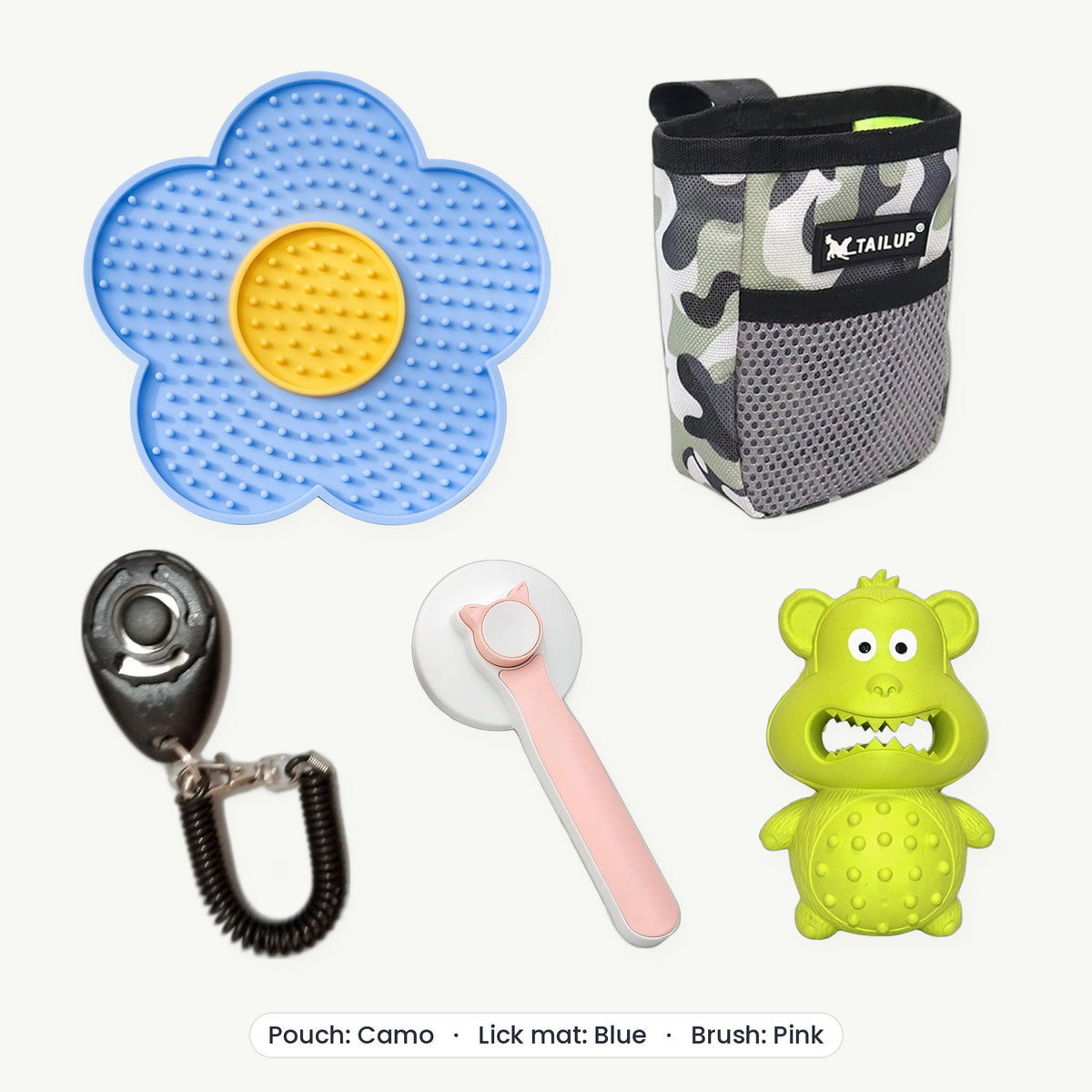 New Puppy Kit – Treat pouch Camo, Lick mat Blue, Brush Pink