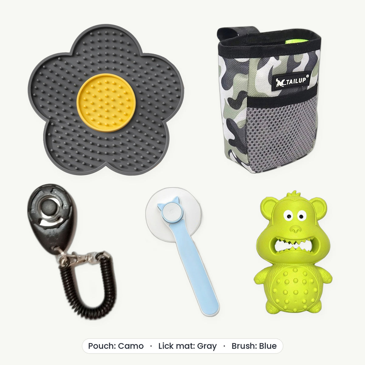 New Puppy Kit – Treat pouch Camo, Lick mat Gray, Brush Blue