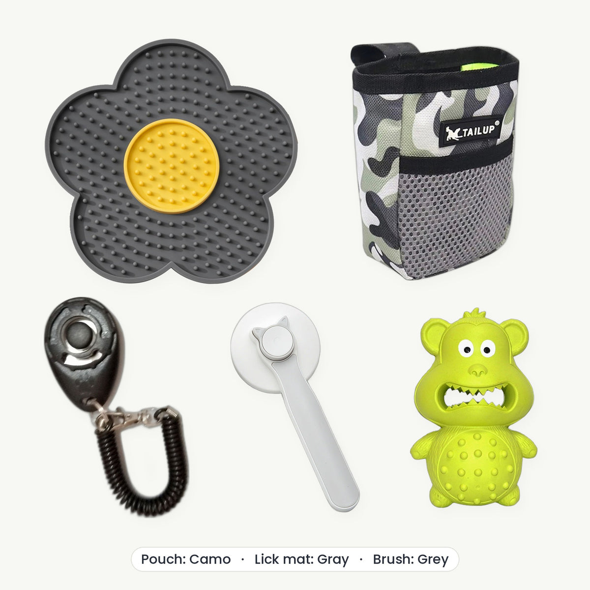 New Puppy Kit – Treat pouch Camo, Lick mat Gray, Brush Grey