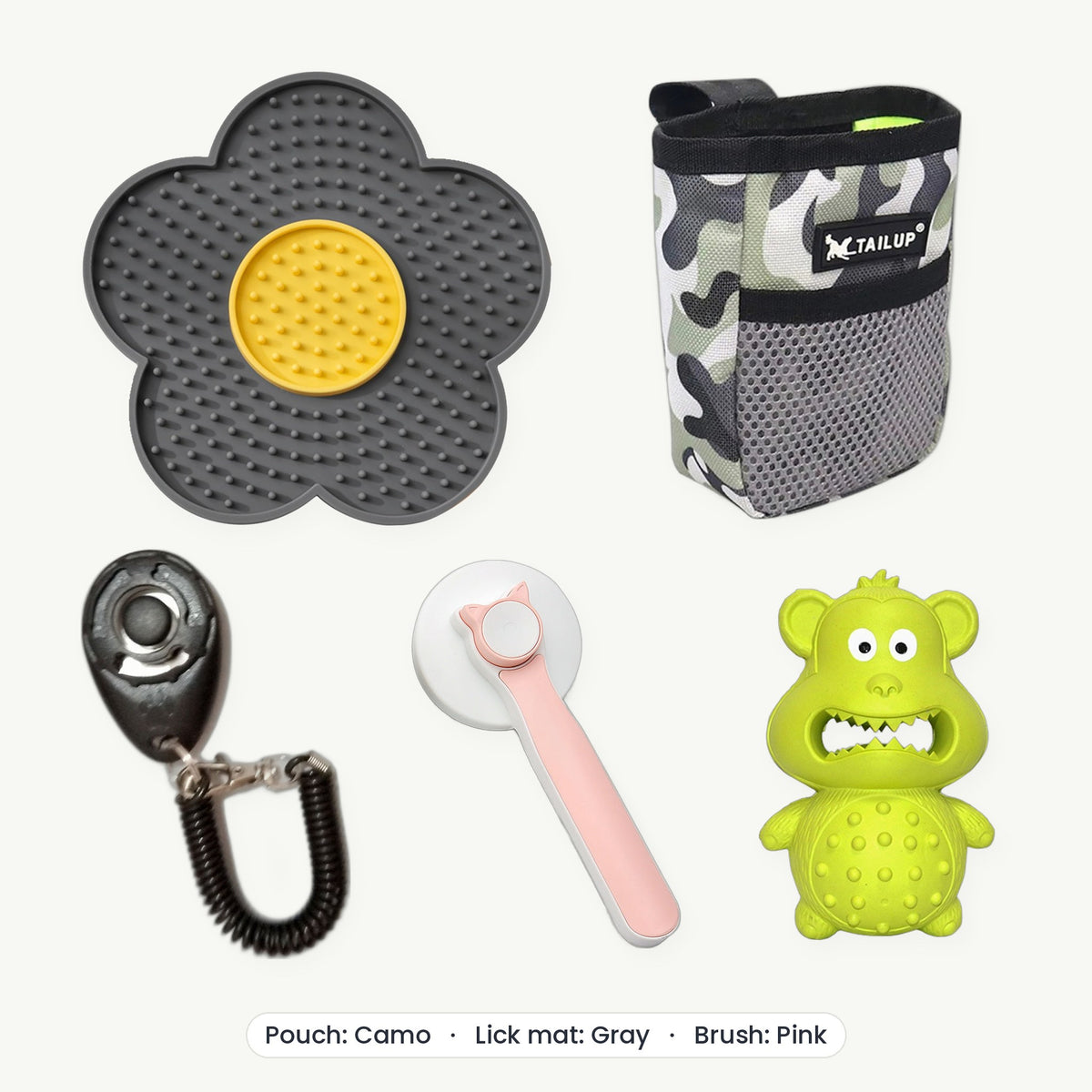 New Puppy Kit – Treat pouch Camo, Lick mat Gray, Brush Pink