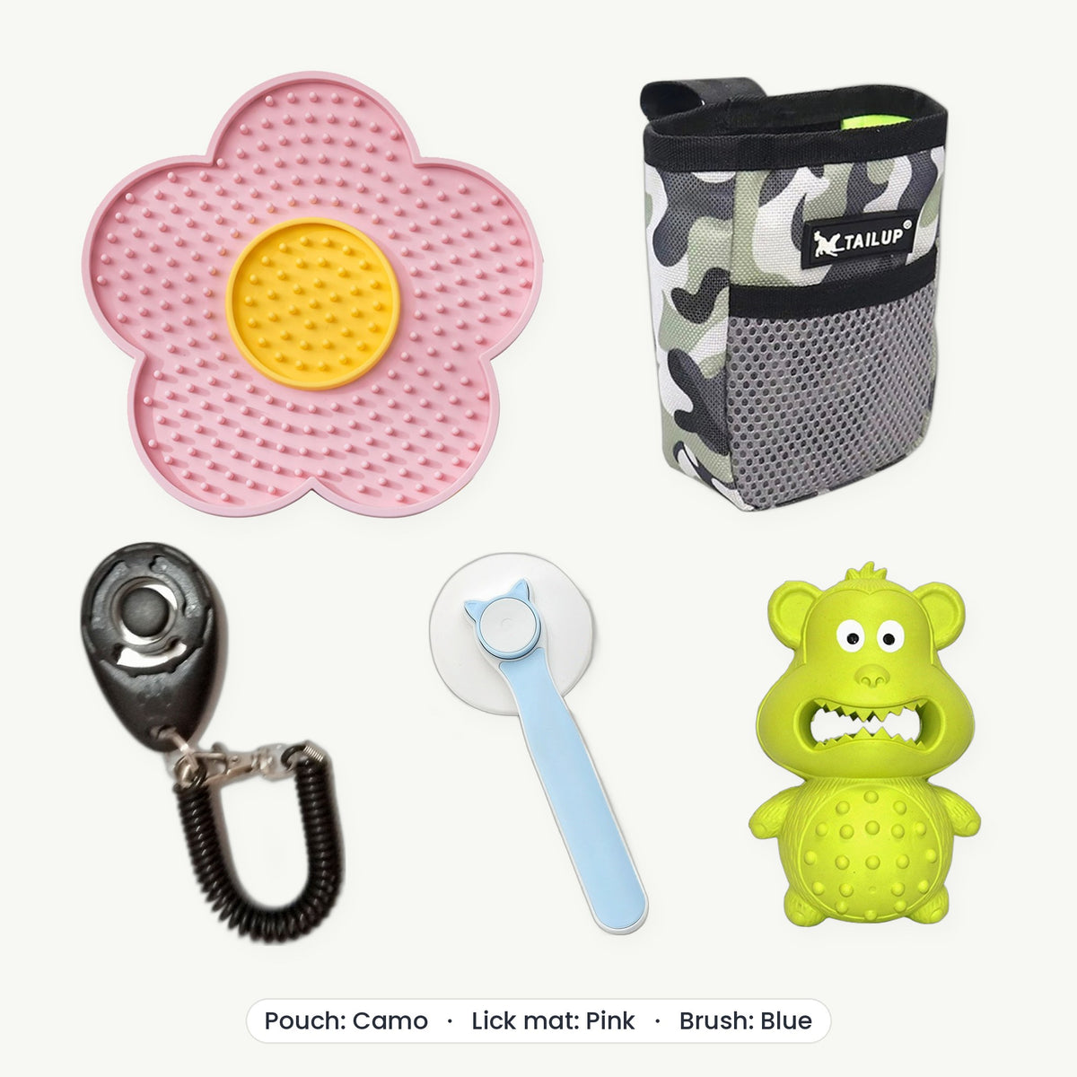 New Puppy Kit – Treat pouch Camo, Lick mat Pink, Brush Blue