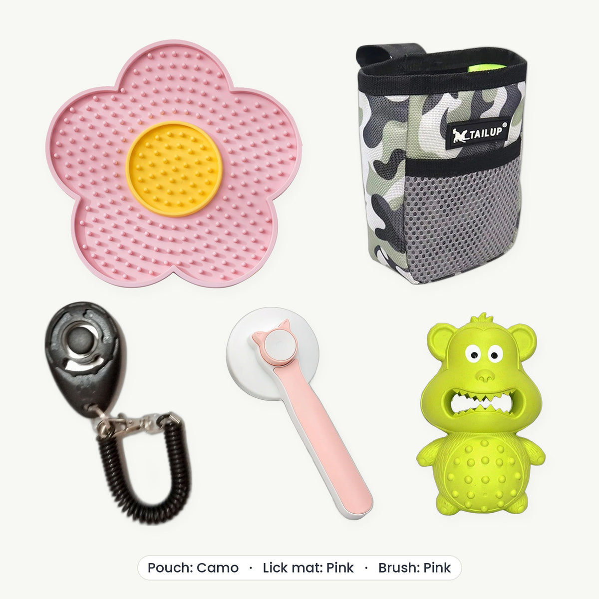 New Puppy Kit – Treat pouch Camo, Lick mat Pink, Brush Pink