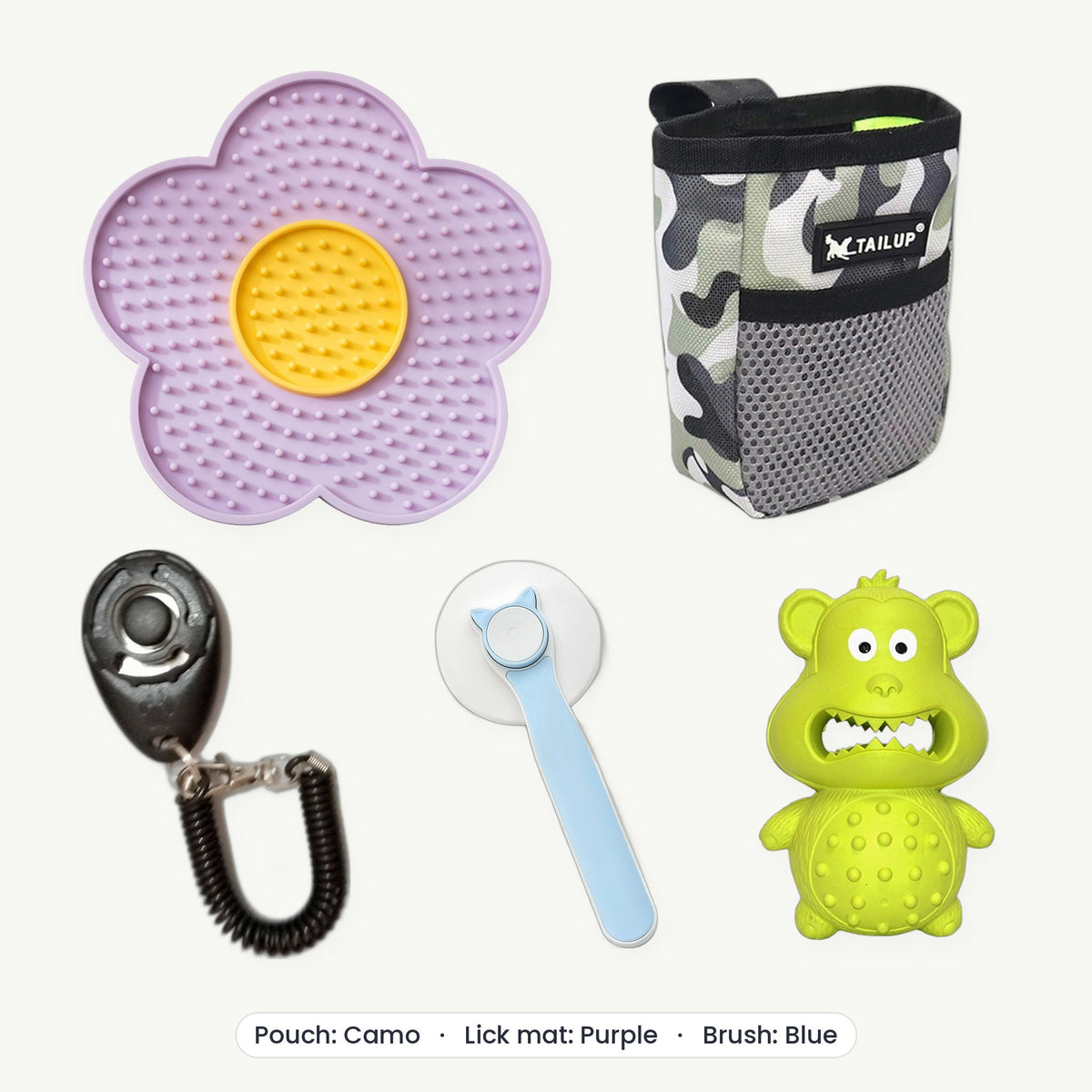 New Puppy Kit – Treat pouch Camo, Lick mat Purple, Brush Blue