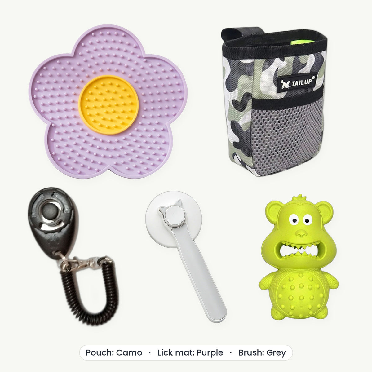 New Puppy Kit – Treat pouch Camo, Lick mat Purple, Brush Grey