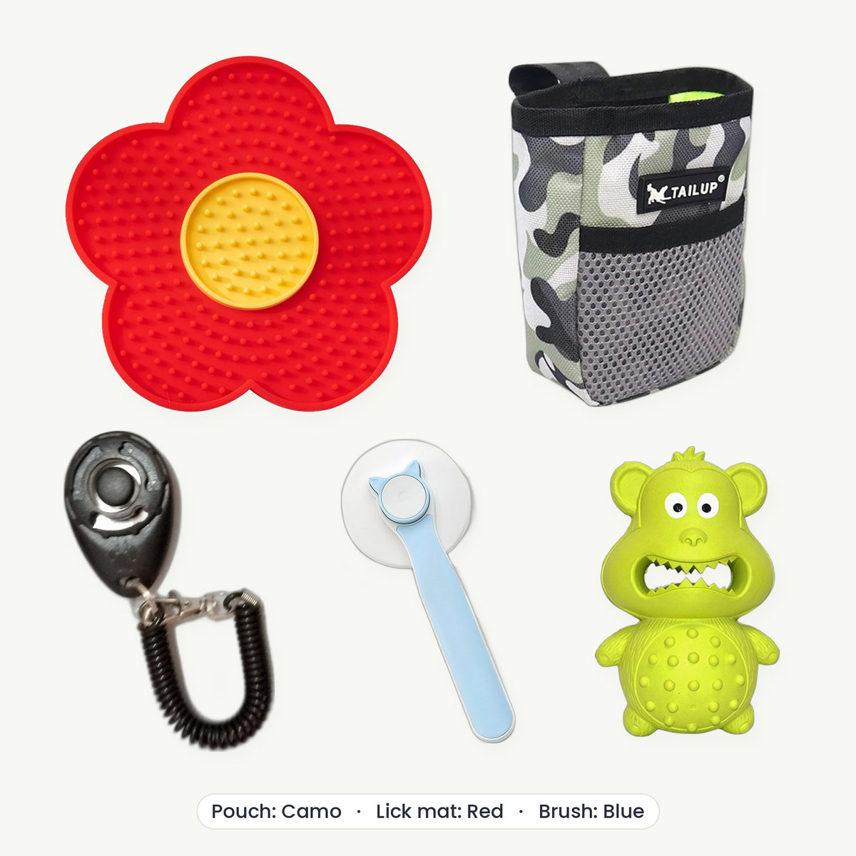 New Puppy Kit – Treat pouch Camo, Lick mat Red, Brush Blue