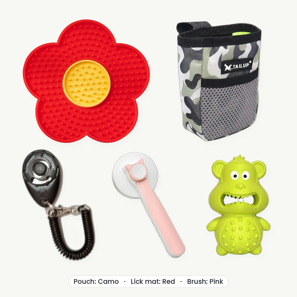 New Puppy Kit – Treat pouch Camo, Lick mat Red, Brush Pink