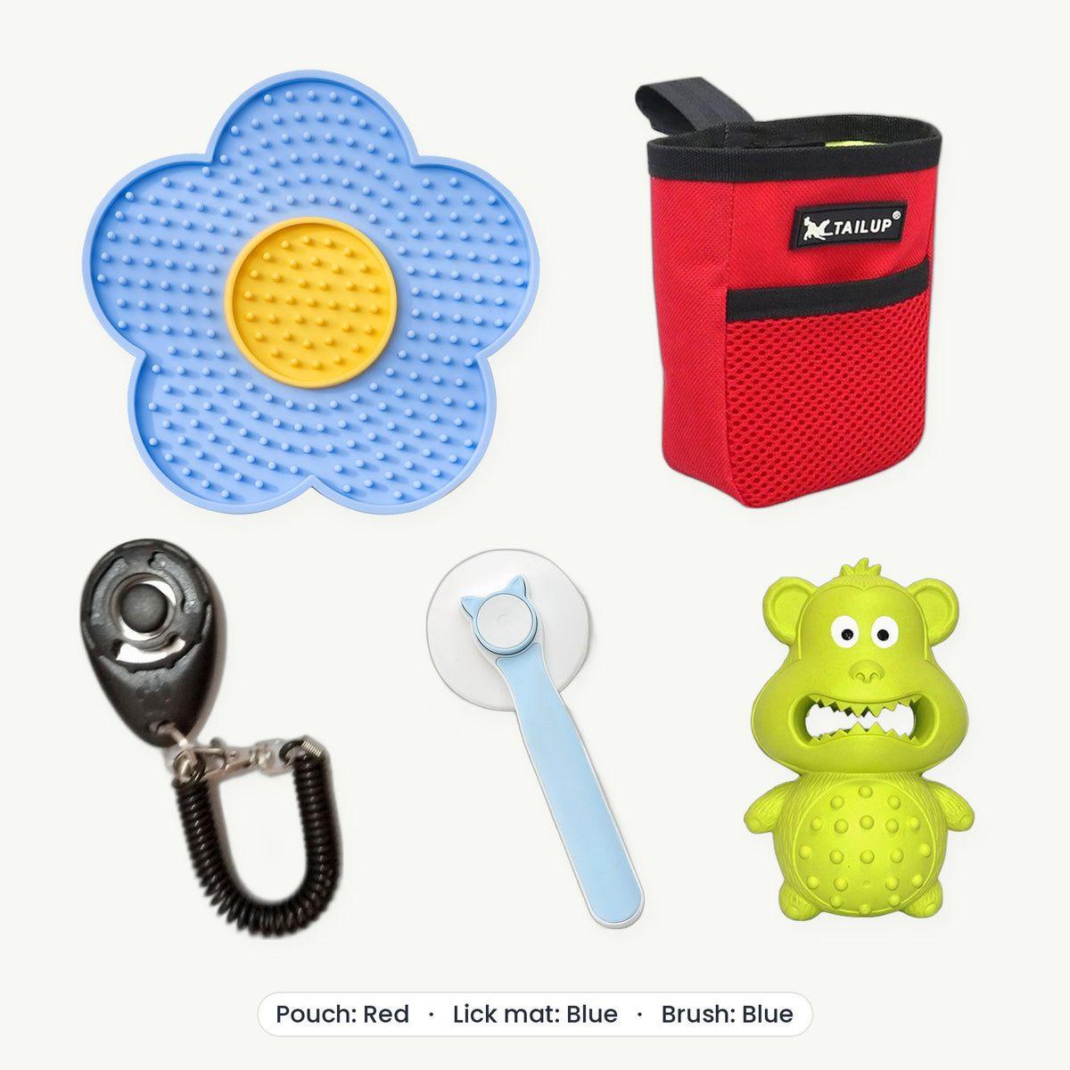 New Puppy Kit – Treat pouch Red, Lick mat Blue, Brush Blue