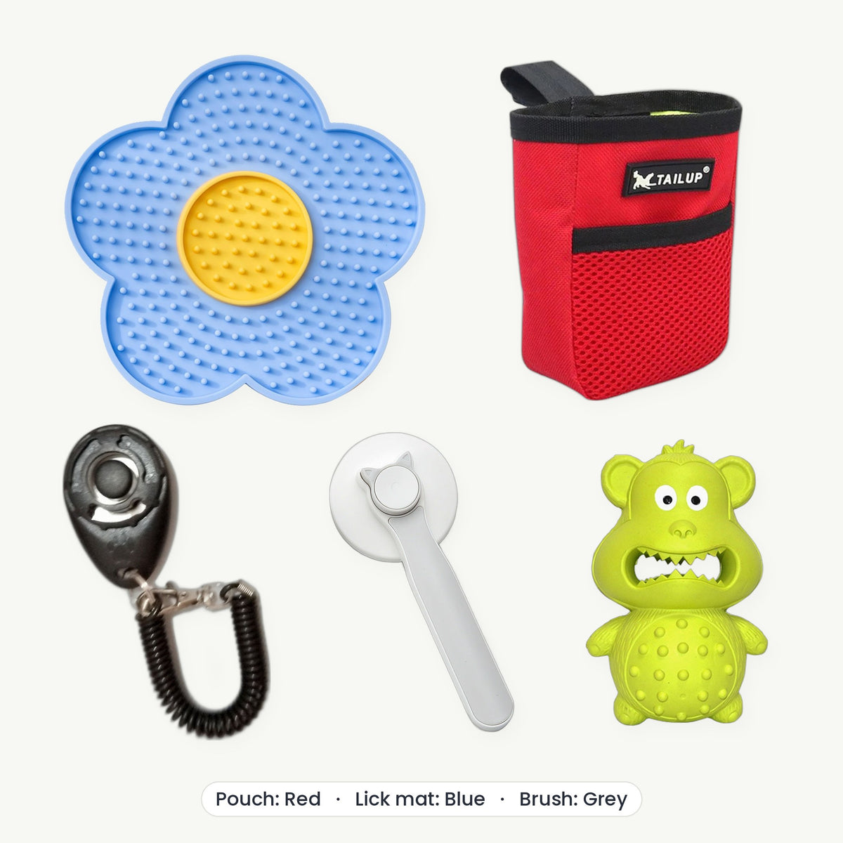 New Puppy Kit – Treat pouch Red, Lick mat Blue, Brush Grey