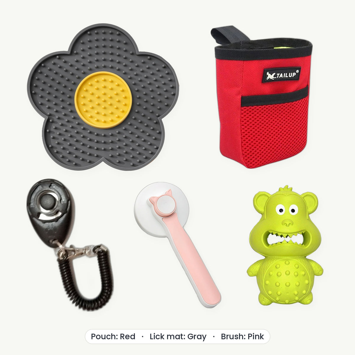 New Puppy Kit – Treat pouch Red, Lick mat Gray, Brush Pink