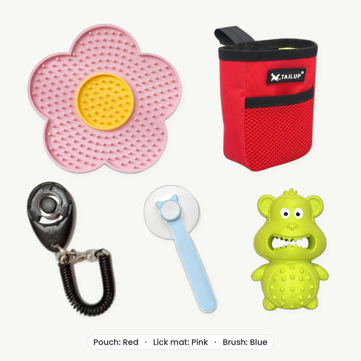 New Puppy Kit – Treat pouch Red, Lick mat Pink, Brush Blue