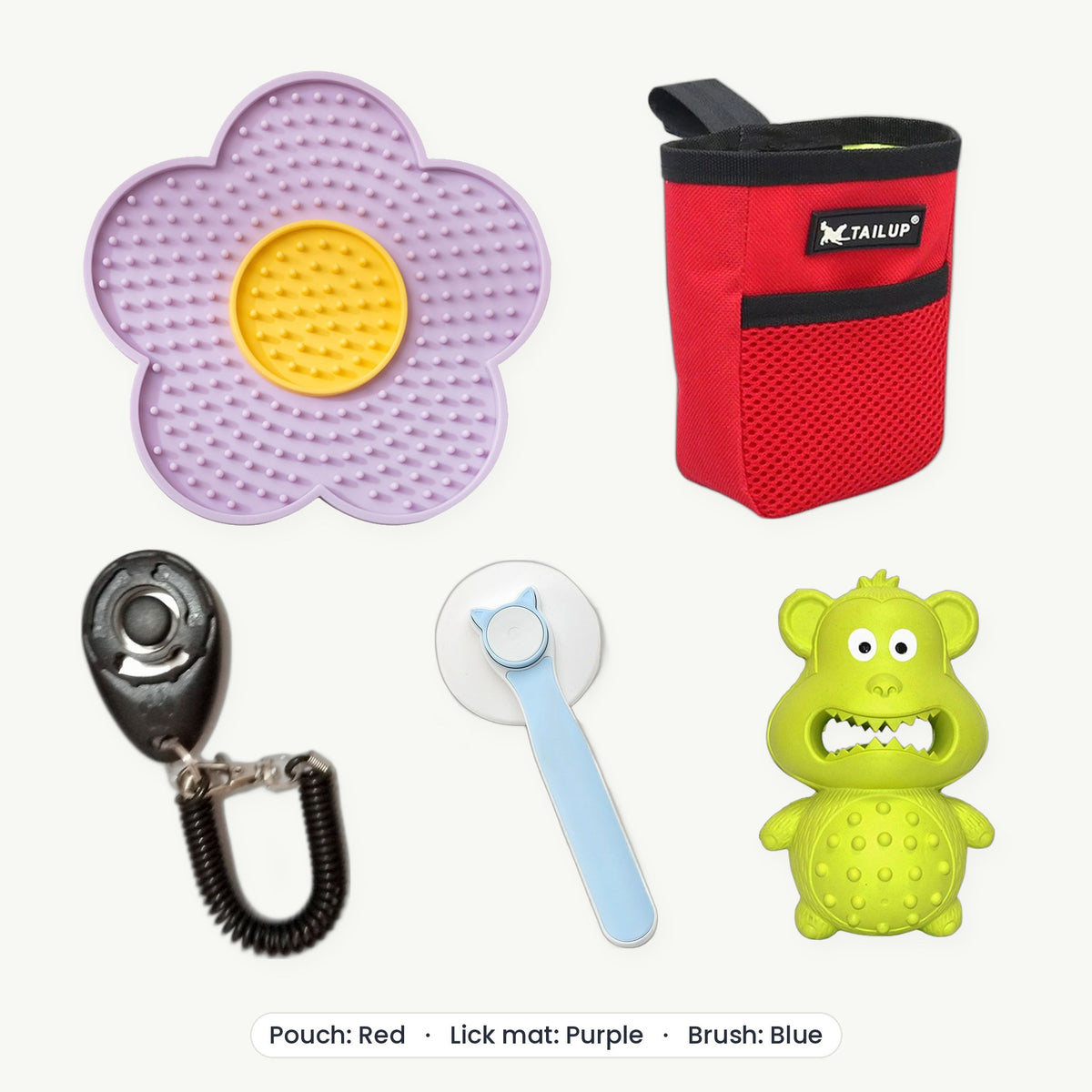 New Puppy Kit – Treat pouch Red, Lick mat Purple, Brush Blue