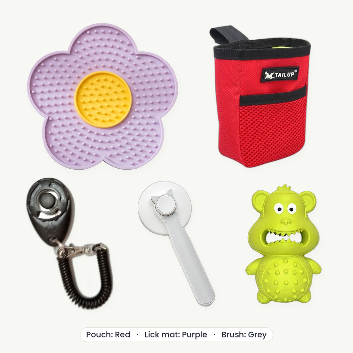 New Puppy Kit – Treat pouch Red, Lick mat Purple, Brush Grey