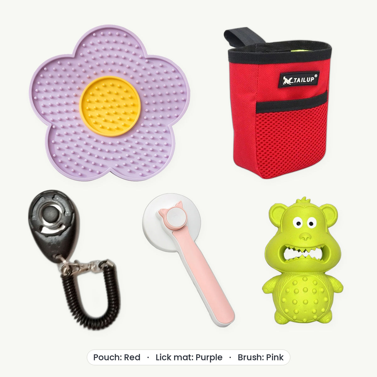 New Puppy Kit – Treat pouch Red, Lick mat Purple, Brush Pink