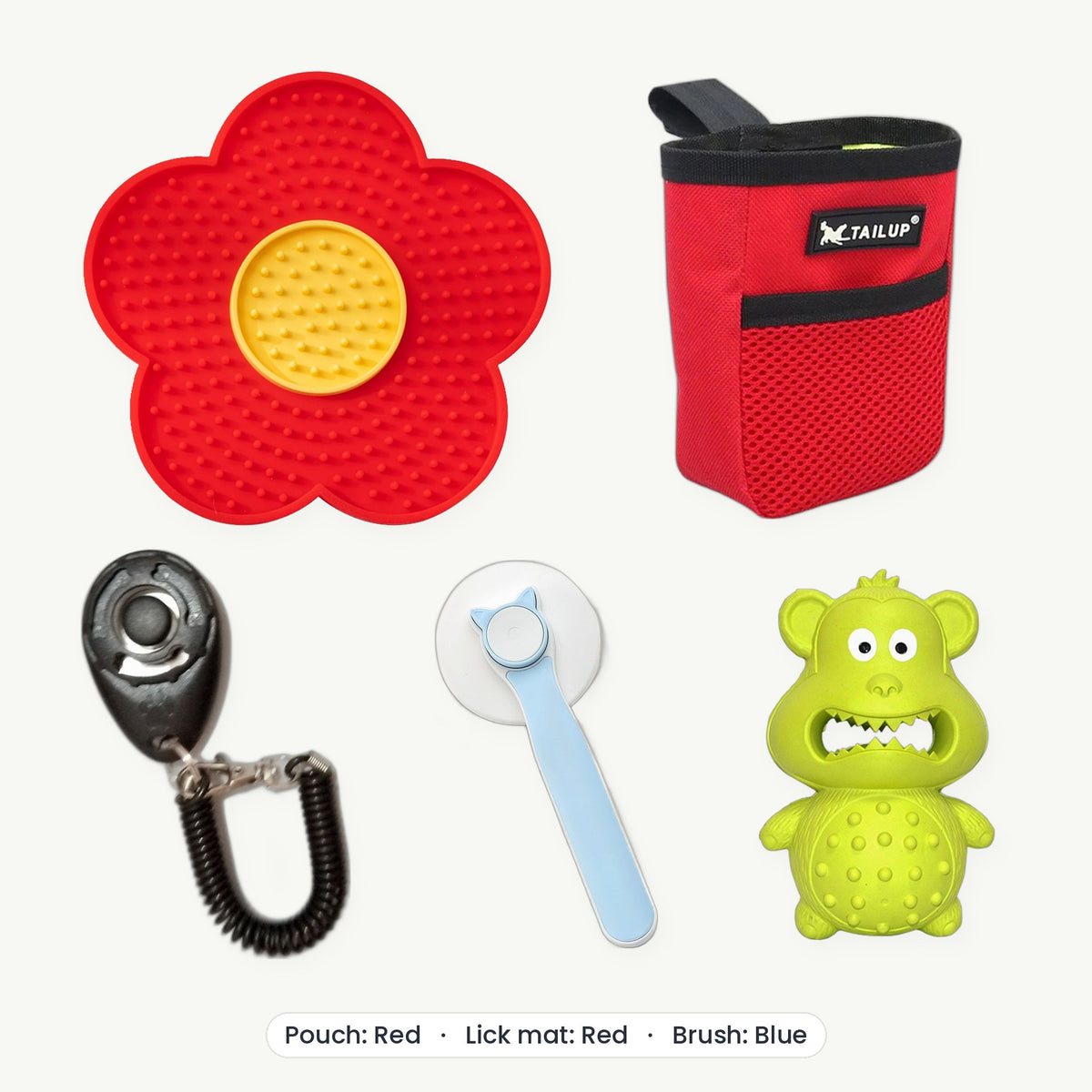 New Puppy Kit – Treat pouch Red, Lick mat Red, Brush Blue