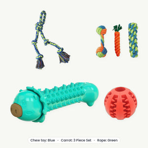 Power chewer kit – chew toy blue, carrot 3 piece set, rope green
