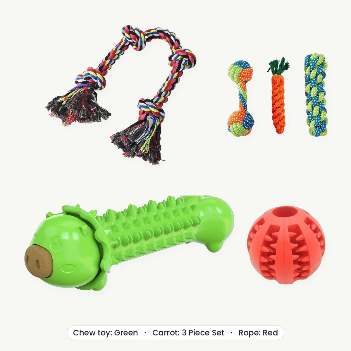 Power Chewer Kit – Chew toy Green, Carrot 3 Piece Set, Rope Red